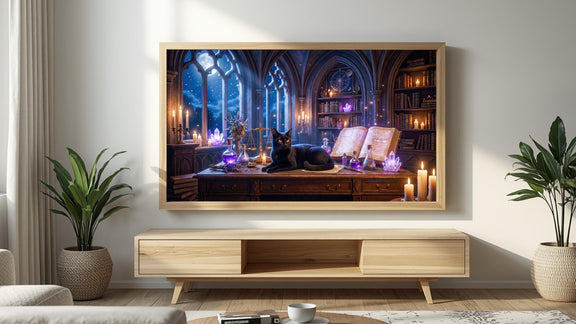Black Cat Witch Library Frame TV Art | Gothic Fantasy Digital Download (16:9 Aspect Ratio)