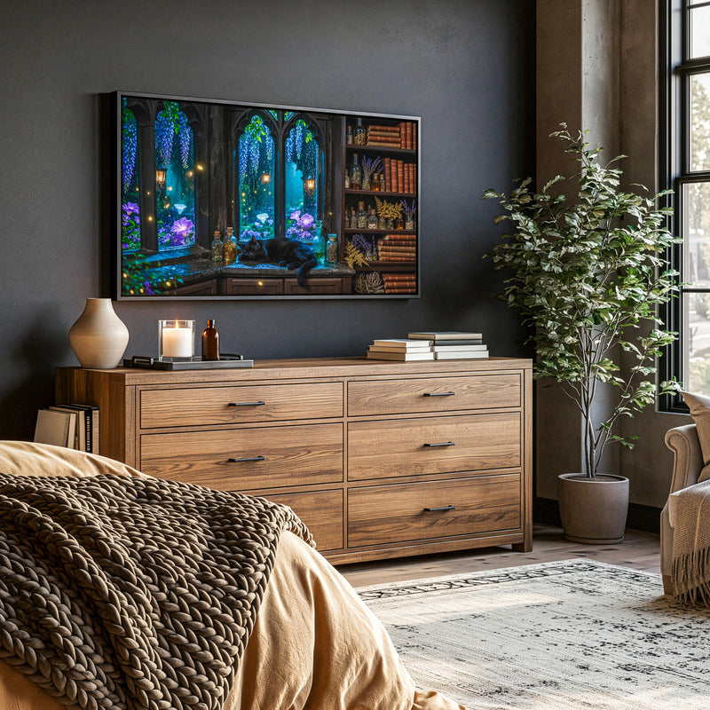 Sleeping Black Cat Frame TV Art | Gothic Cottagecore Digital Download