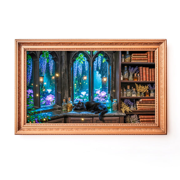 Sleeping Black Cat Frame TV Art | Gothic Cottagecore Digital Download