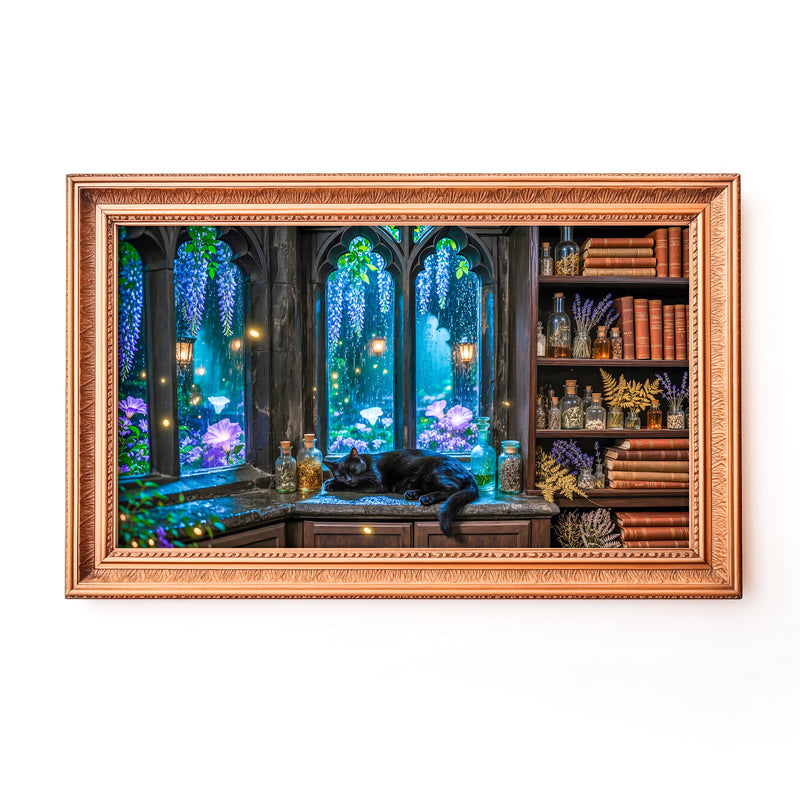 Sleeping Black Cat Frame TV Art | Gothic Cottagecore Digital Download