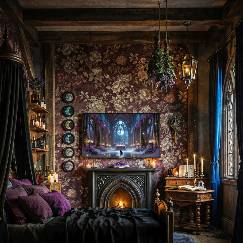 Gothic Cathedral Black Cat Art | Moonlit Sanctuary Frame TV (Digital Download)