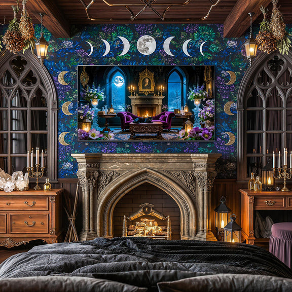 Gothic Parlor Black Cat Art | Moonlit Victorian Living Room, Dark Academia (Digital Download)