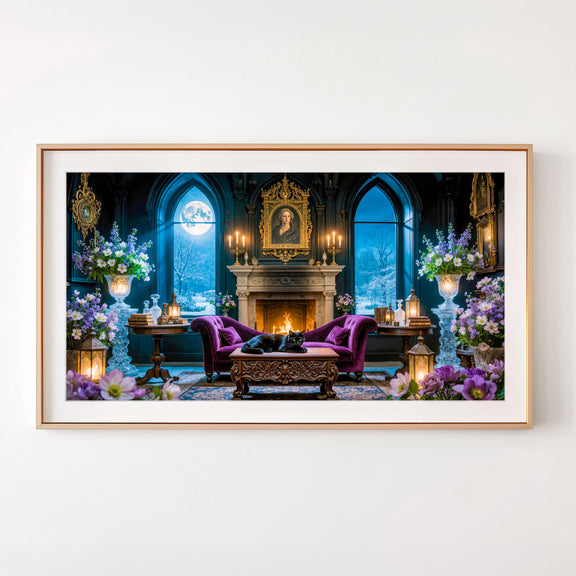 Gothic Parlor Black Cat Art | Moonlit Victorian Living Room, Dark Academia (Digital Download)