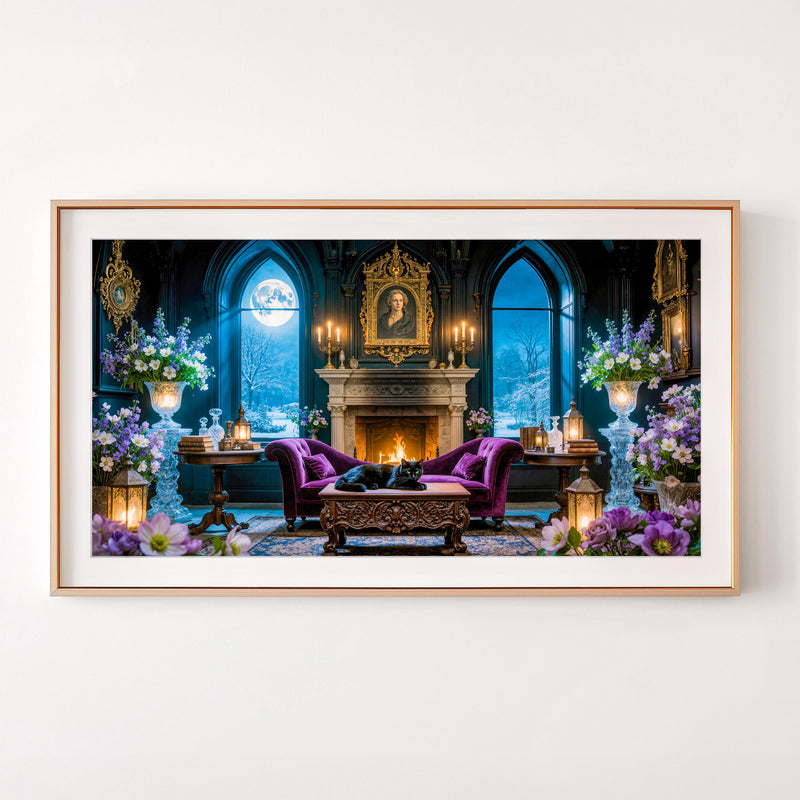 Gothic Parlor Black Cat Art | Moonlit Victorian Living Room, Dark Academia (Digital Download)