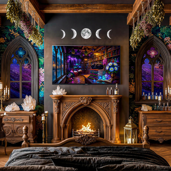 Black Cat Gothic Library Art, Enchanted Witchy Bookshop, Dark Academia Frame TV (Digital Download)