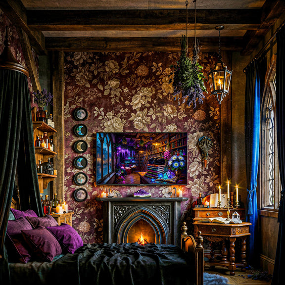 Black Cat Gothic Library Art, Enchanted Witchy Bookshop, Dark Academia Frame TV (Digital Download)