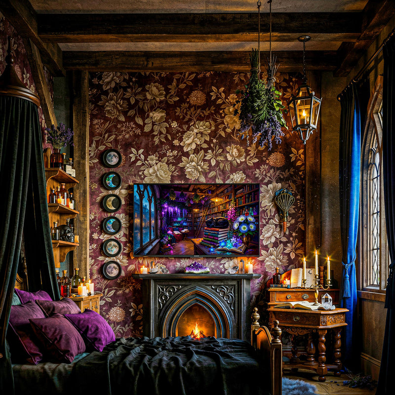 Black Cat Gothic Library Art, Enchanted Witchy Bookshop, Dark Academia Frame TV (Digital Download)