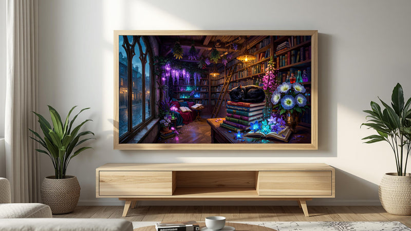 Black Cat Gothic Library Art, Enchanted Witchy Bookshop, Dark Academia Frame TV (Digital Download)