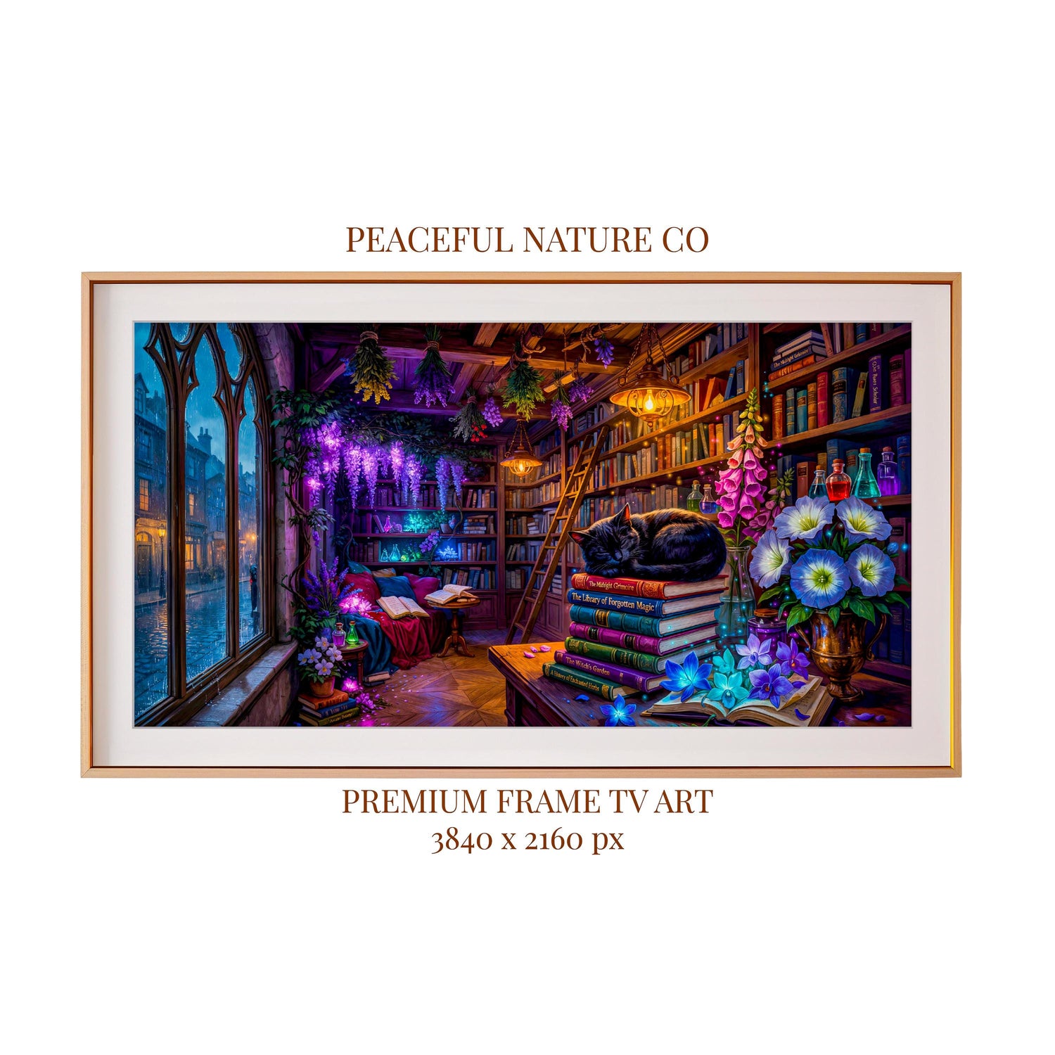 Black Cat Gothic Library Art, Enchanted Witchy Bookshop, Dark Academia Frame TV (Digital Download)