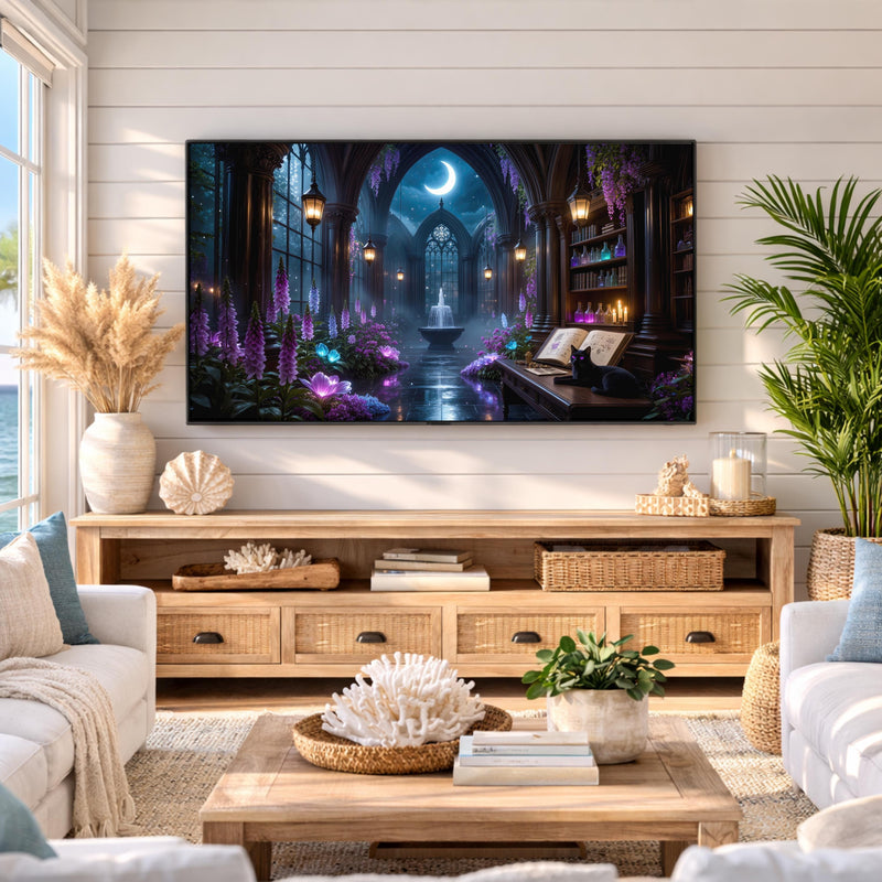 Black Cat Conservatory Art | Moonlit Gothic Library Frame TV (Digital Download)