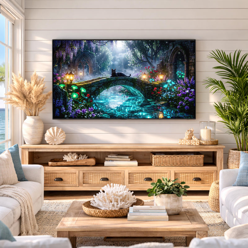 Black Cat Enchanted Bridge TV Art | Moonlit Fantasy Garden | 4K Frame TV Download