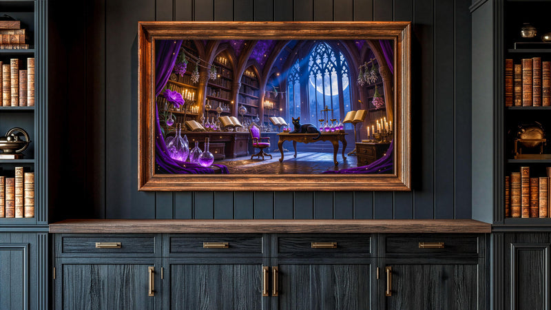 Black Cat Witch Study Art | Gothic Library Fantasy TV Artwork (4K Digital Download)