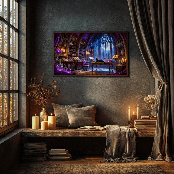 Black Cat Witch Study Art | Gothic Library Fantasy TV Artwork (4K Digital Download)