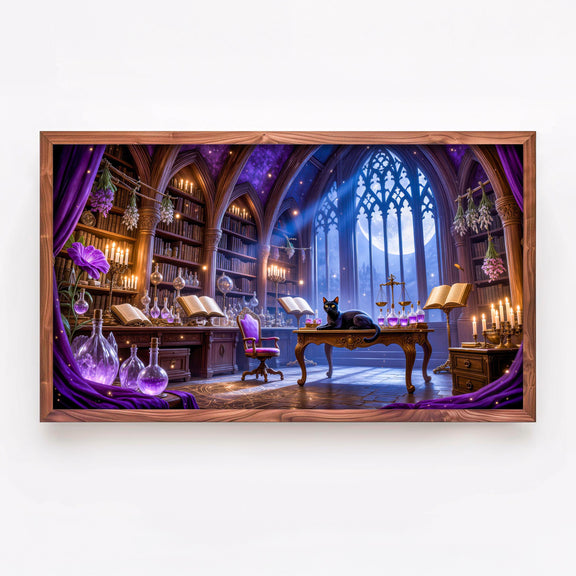 Black Cat Witch Study Art | Gothic Library Fantasy TV Artwork (4K Digital Download)