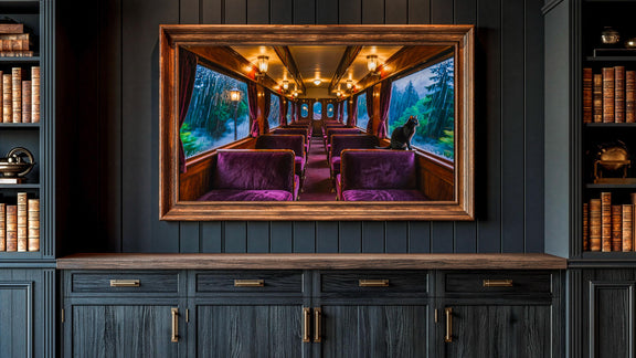 Black Cat Train Art | Vintage Railway Carriage, Rainy Window (4K Digital Download)