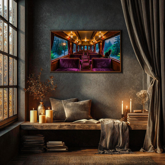 Black Cat Train Art | Vintage Railway Carriage, Rainy Window (4K Digital Download)