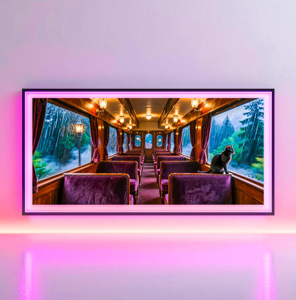 Black Cat Train Art | Vintage Railway Carriage, Rainy Window (4K Digital Download)