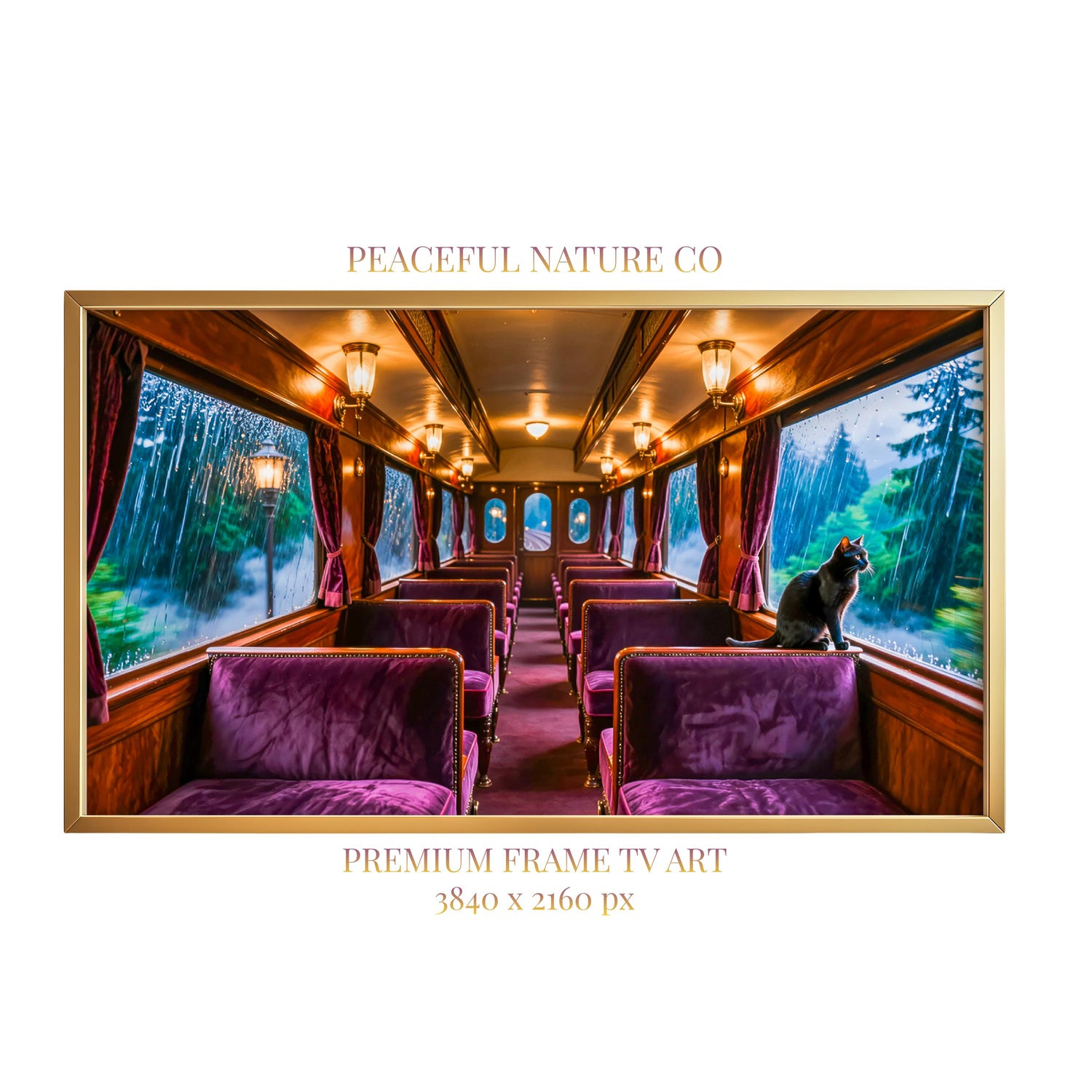 Black Cat Train Art | Vintage Railway Carriage, Rainy Window (4K Digital Download)