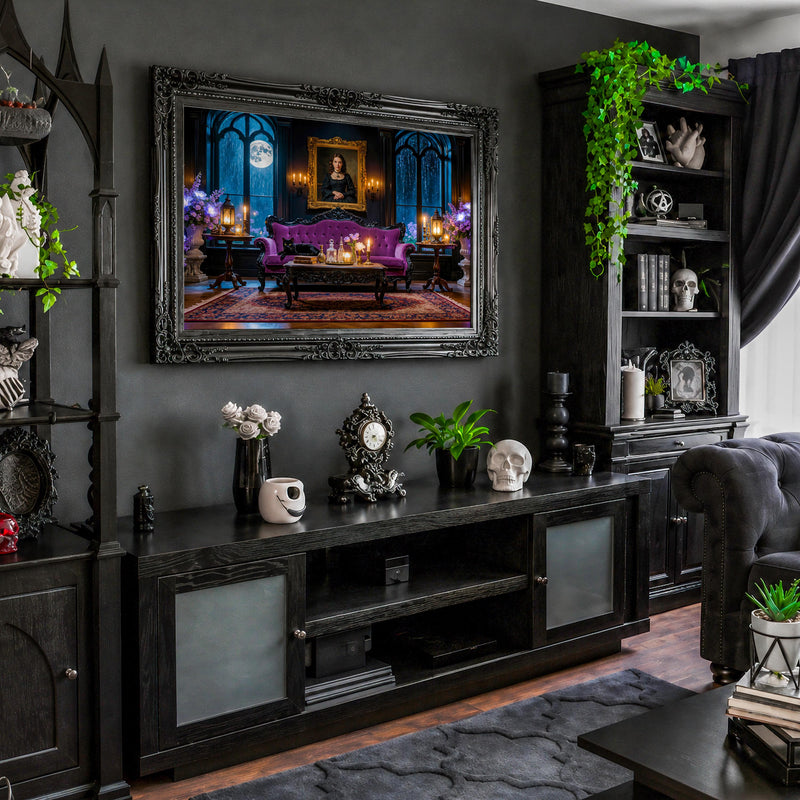 Black Cat Gothic Parlor Art | Moonlit Victorian TV Artwork (Digital Download)