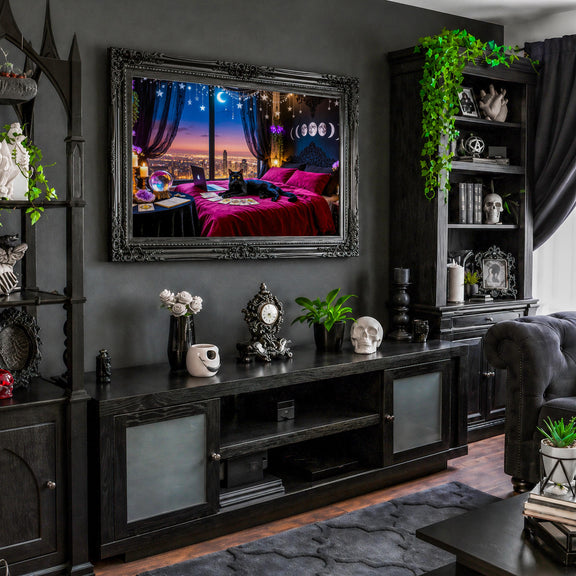 Black Cat Witchcore Frame TV Art | Moonlit Gothic Celestial Bedroom (Digital Download)