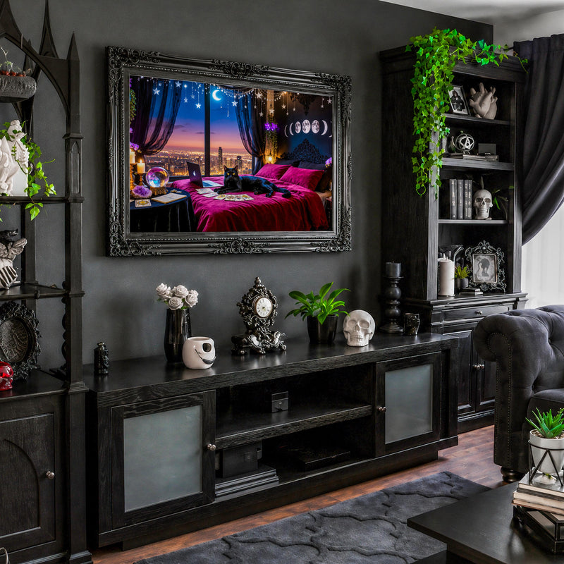 Black Cat Witchcore Frame TV Art | Moonlit Gothic Celestial Bedroom (Digital Download)