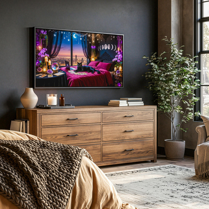 Black Cat Witchcore Frame TV Art | Moonlit Gothic Celestial Bedroom (Digital Download)