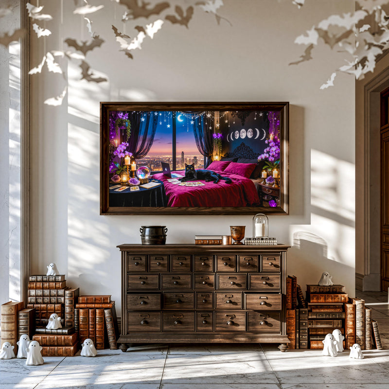 Black Cat Witchcore Frame TV Art | Moonlit Gothic Celestial Bedroom (Digital Download)