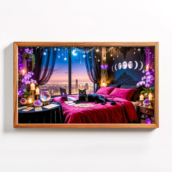 Black Cat Witchcore Frame TV Art | Moonlit Gothic Celestial Bedroom (Digital Download)