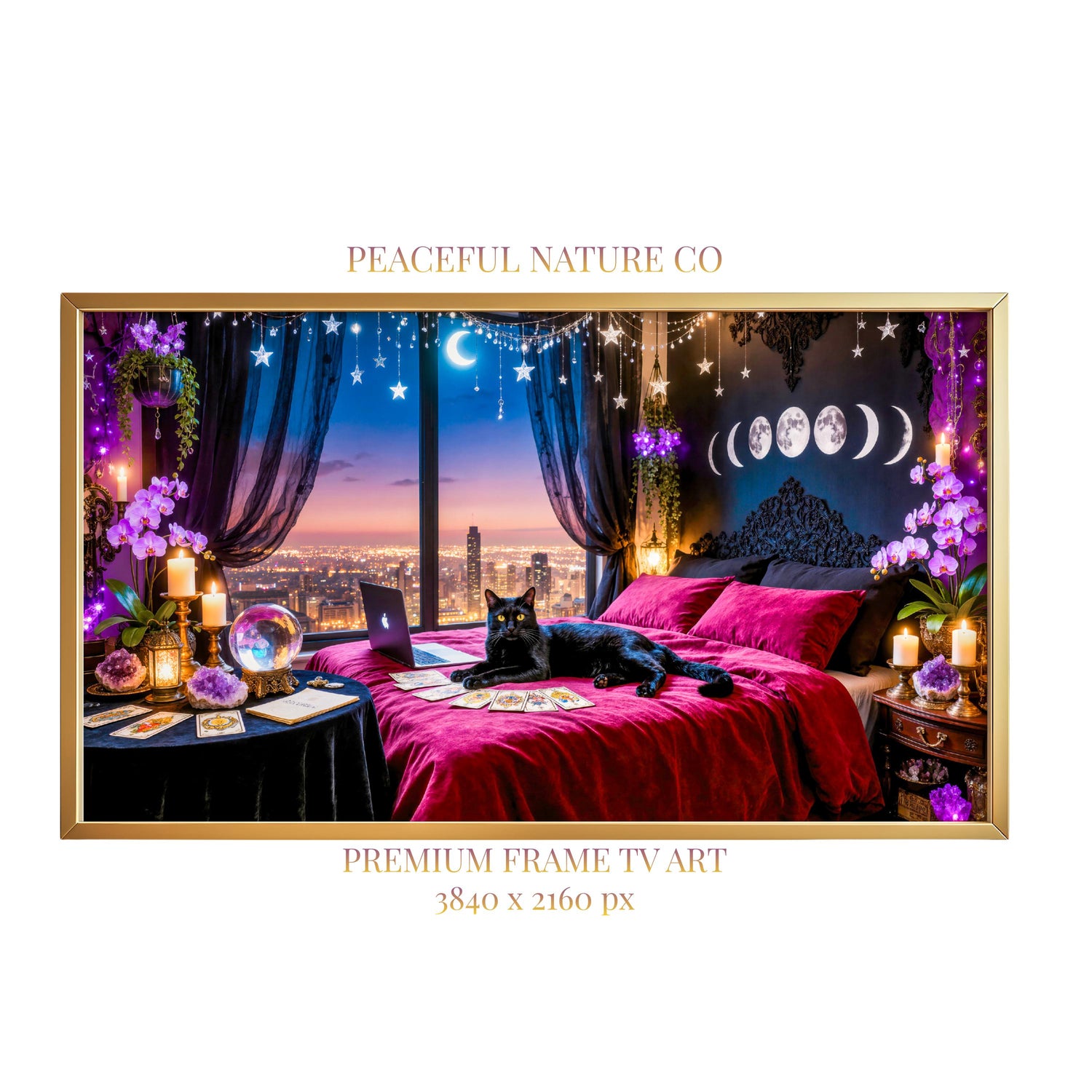 Black Cat Witchcore Frame TV Art | Moonlit Gothic Celestial Bedroom (Digital Download)