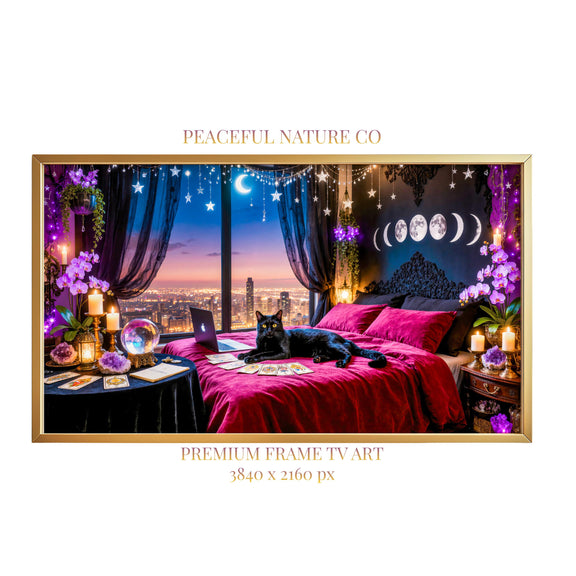 Black Cat Witchcore Frame TV Art | Moonlit Gothic Celestial Bedroom (Digital Download)