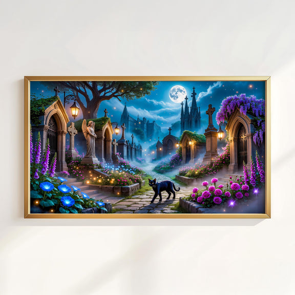 Gothic Cemetery Black Cat Art | Moonlit Graveyard TV Display (Digital Download)