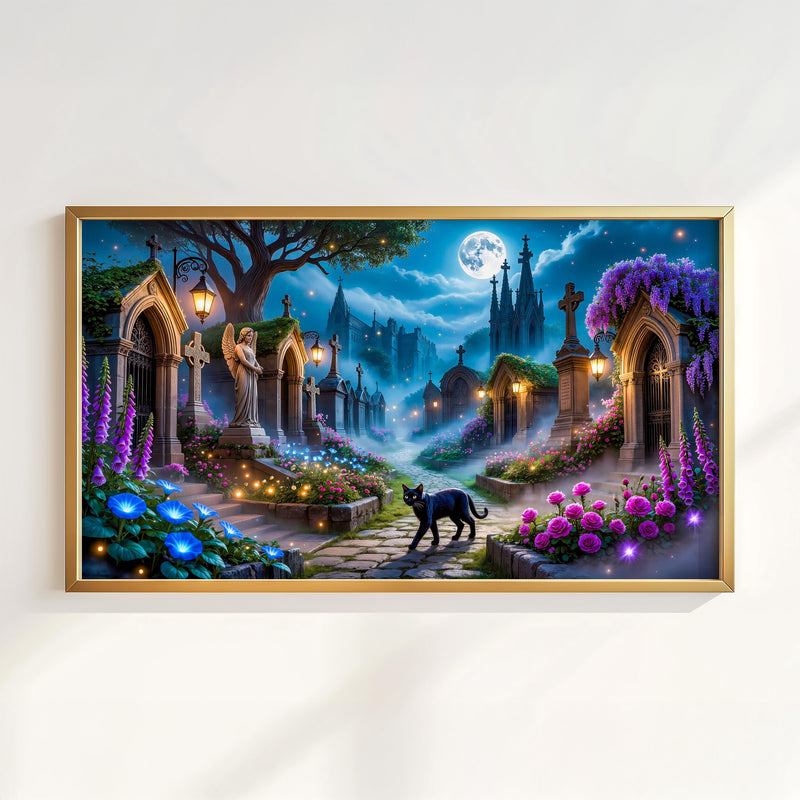 Gothic Cemetery Black Cat Art | Moonlit Graveyard TV Display (Digital Download)