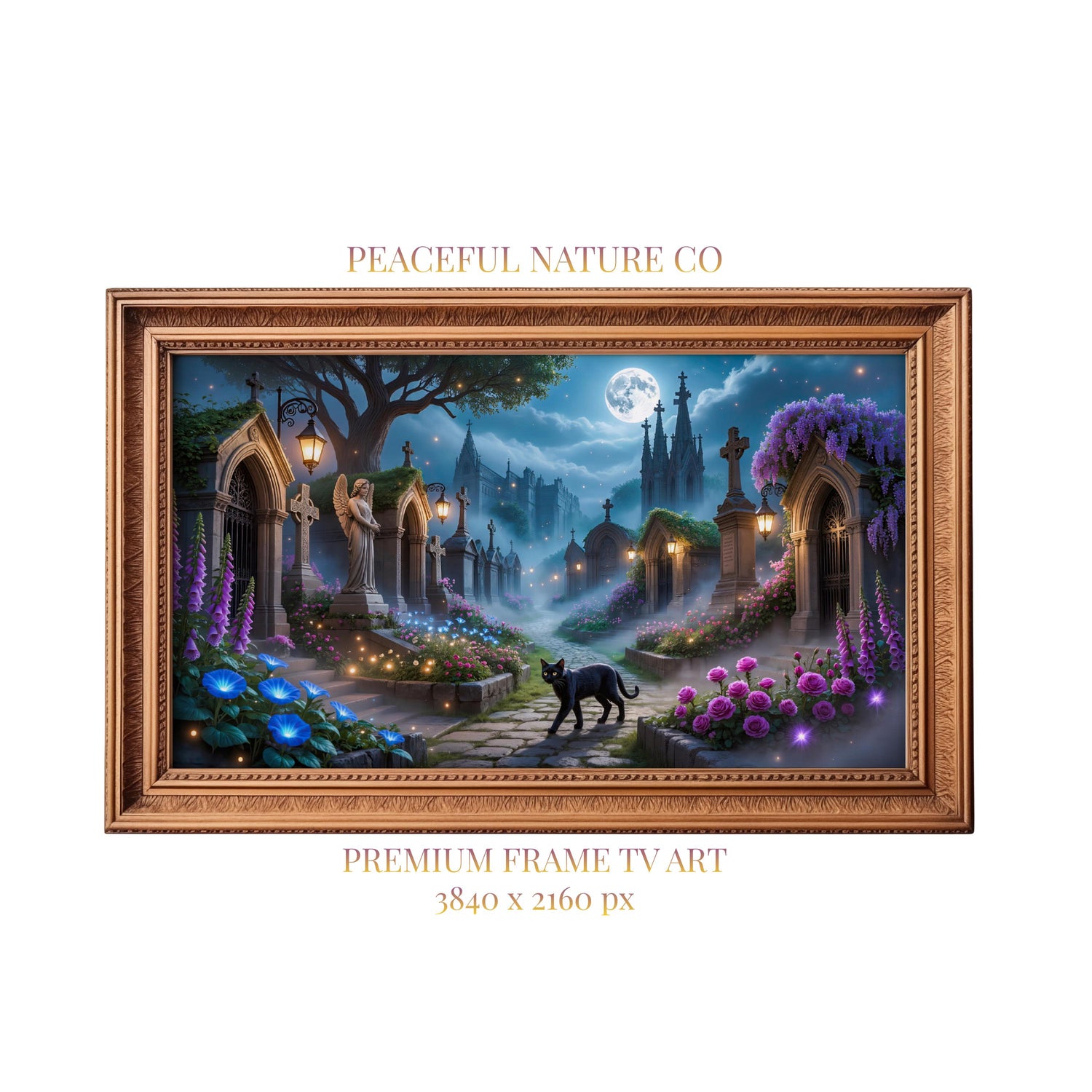 Gothic Cemetery Black Cat Art | Moonlit Graveyard TV Display (Digital Download)