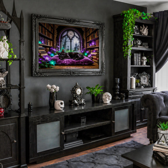 Sleeping Black Cat Library Art | Gothic Dark Academia Frame TV (Digital Download)