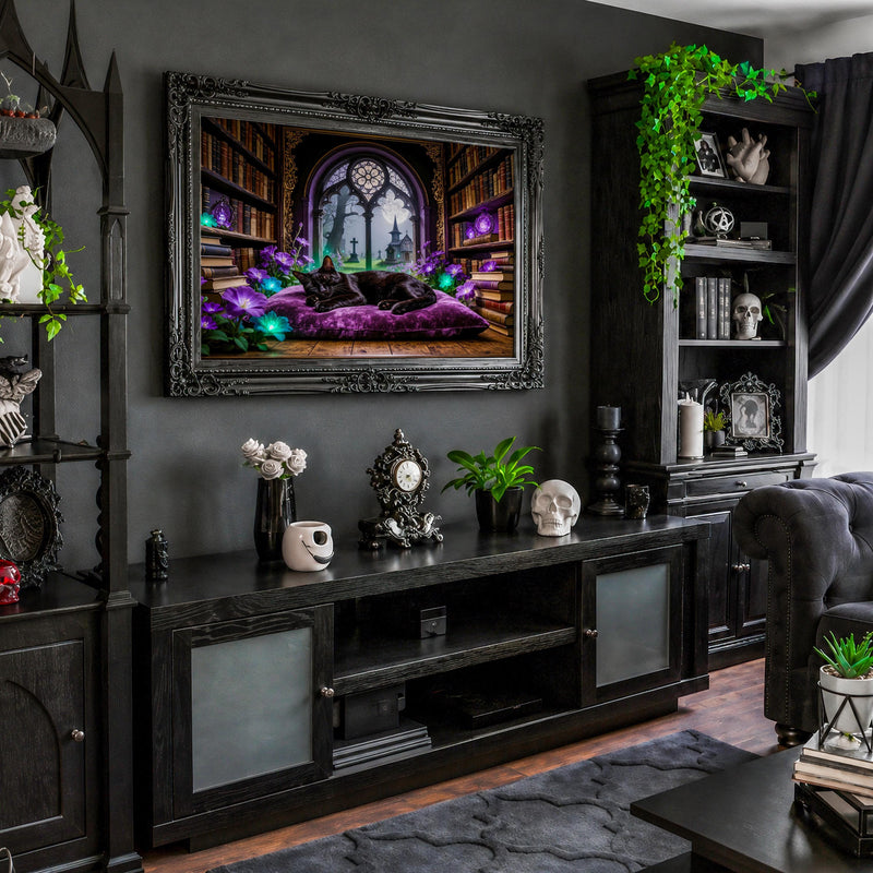Sleeping Black Cat Library Art | Gothic Dark Academia Frame TV (Digital Download)