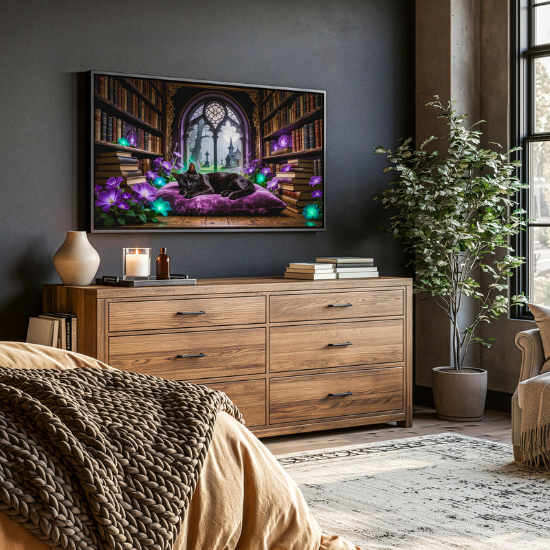Sleeping Black Cat Library Art | Gothic Dark Academia Frame TV (Digital Download)