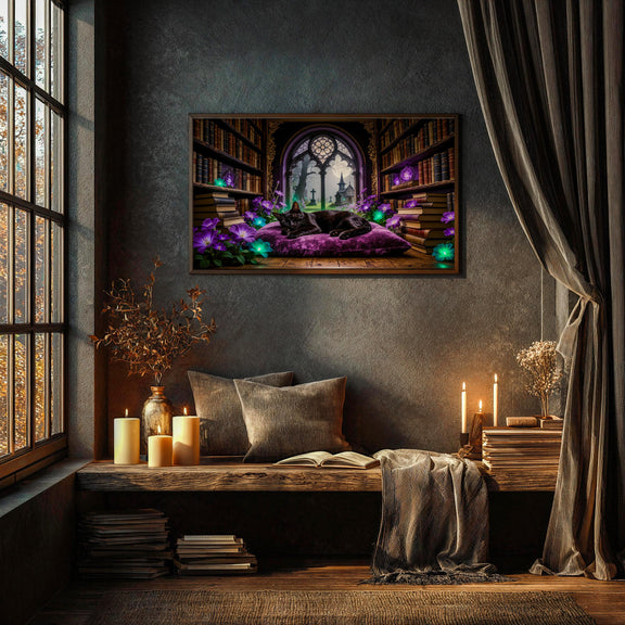 Sleeping Black Cat Library Art | Gothic Dark Academia Frame TV (Digital Download)