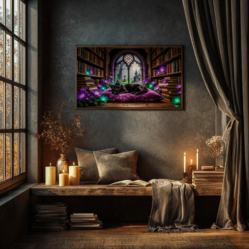 Sleeping Black Cat Library Art | Gothic Dark Academia Frame TV (Digital Download)
