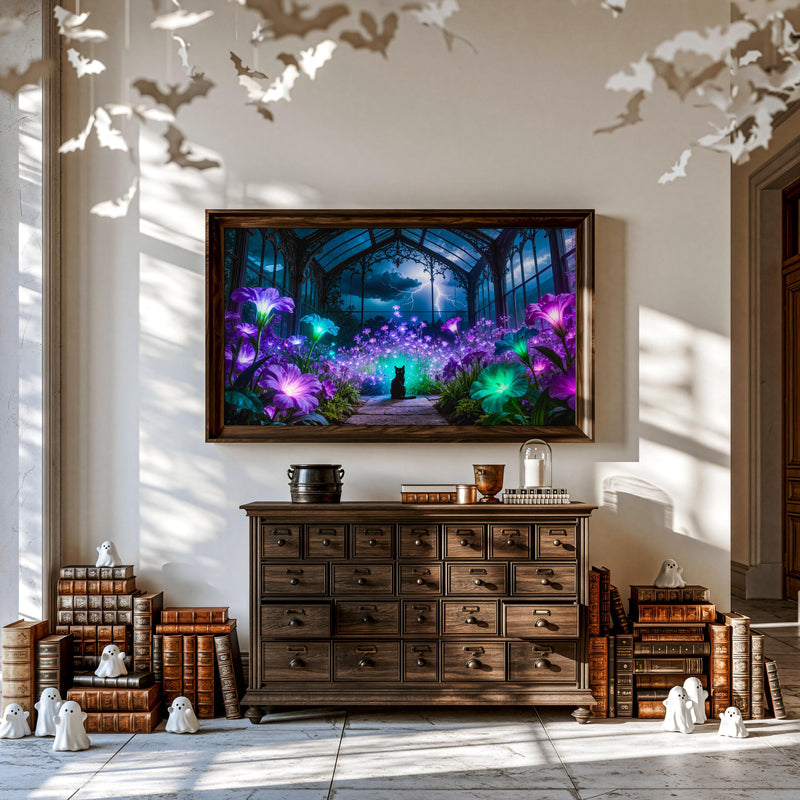 Black Cat Greenhouse Art | Moonlit Garden, Witchcore Decor (Digital Download)