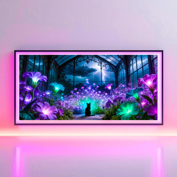 Black Cat Greenhouse Art | Moonlit Garden, Witchcore Decor (Digital Download)