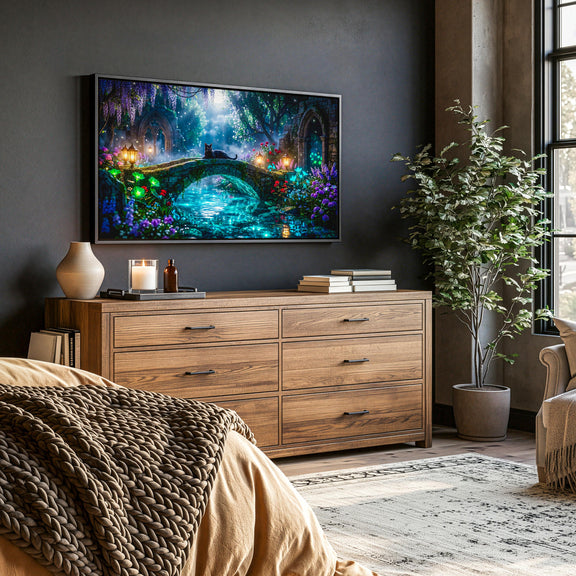 Black Cat Enchanted Bridge TV Art | Moonlit Fantasy Garden | 4K Frame TV Download