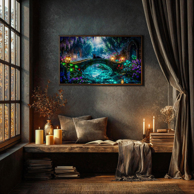 Black Cat Enchanted Bridge TV Art | Moonlit Fantasy Garden | 4K Frame TV Download