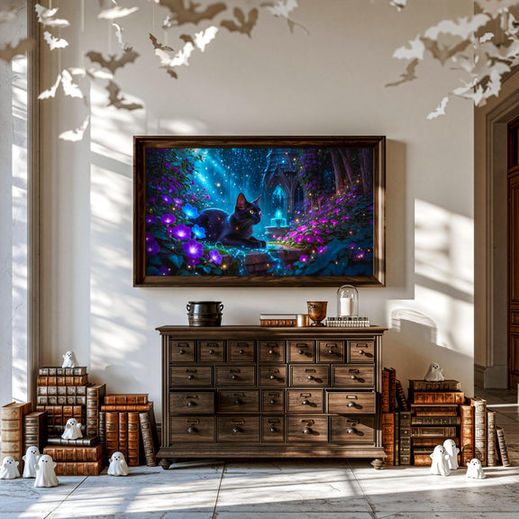 Black Cat Enchanted Garden Art | Moonlit Fantasy TV Decor (Digital Download)