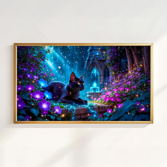 Black Cat Enchanted Garden Art | Moonlit Fantasy TV Decor (Digital Download)
