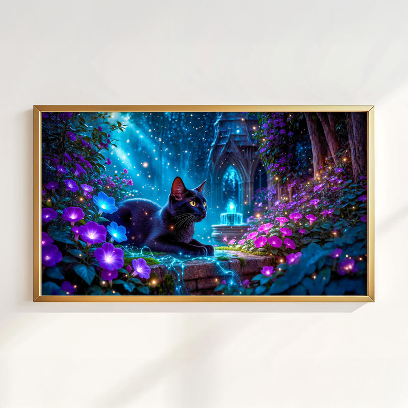Black Cat Enchanted Garden Art | Moonlit Fantasy TV Decor (Digital Download)