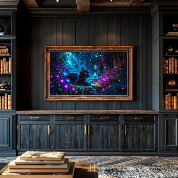 Black Cat Enchanted Garden Art | Moonlit Fantasy TV Decor (Digital Download)