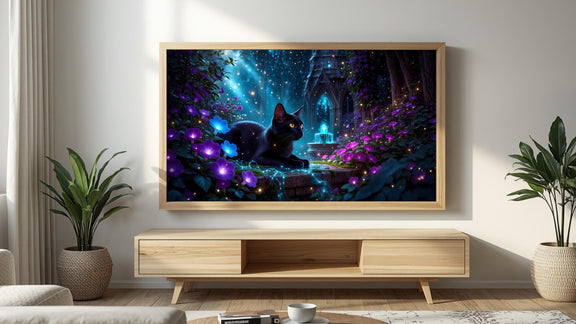 Black Cat Enchanted Garden Art | Moonlit Fantasy TV Decor (Digital Download)