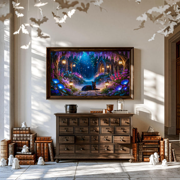 Enchanted Garden Black Cat Art | Fantasy Moonlit Sanctuary TV Display (4K Digital Download)