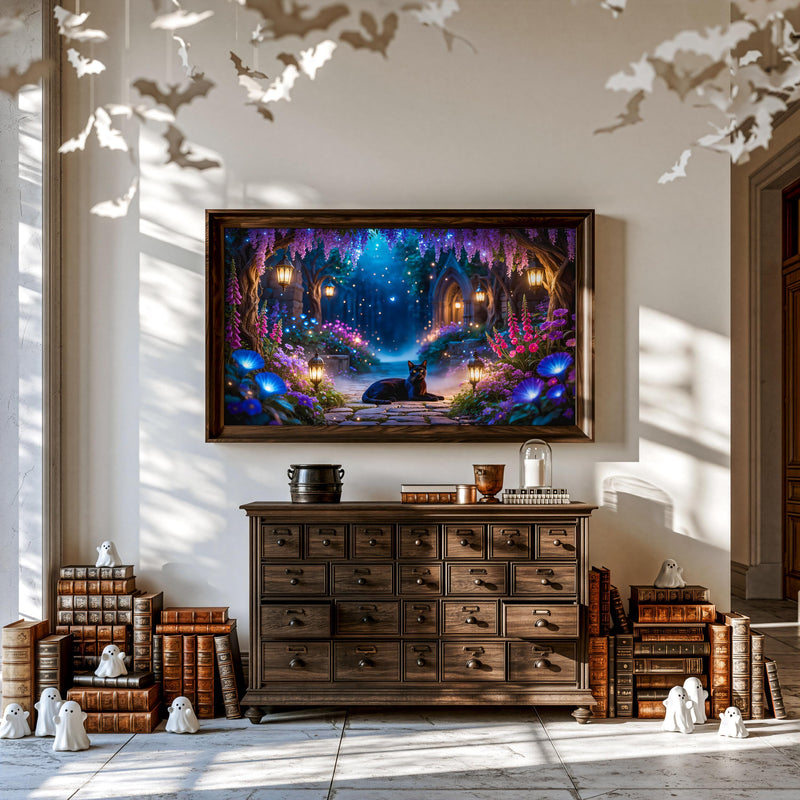 Enchanted Garden Black Cat Art | Fantasy Moonlit Sanctuary TV Display (4K Digital Download)