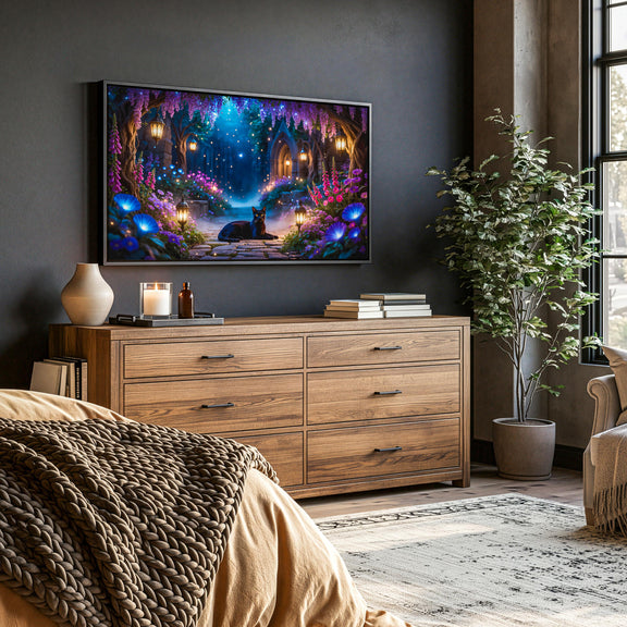 Enchanted Garden Black Cat Art | Fantasy Moonlit Sanctuary TV Display (4K Digital Download)